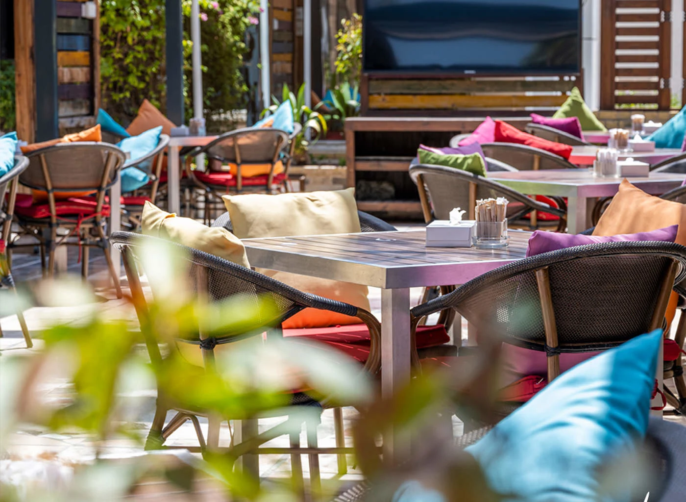 A colourful seating area at Chaise Cafe